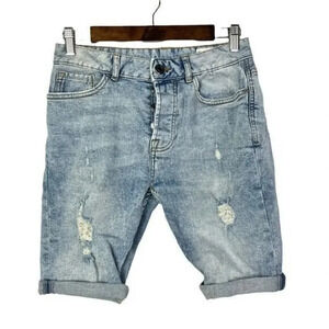 ASOS Denim CO Blue Distressed Knee Length Button Fly Slim Fit Denim Shorts 28